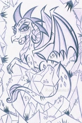Size: 1552x2304 | Tagged: safe, artist:rossmaniteanzu, character:princess ember, species:dragon, female, grayscale, looking at you, lying down, monochrome, pencil drawing, smiling, solo, traditional art