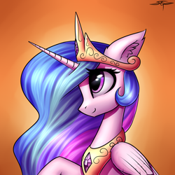Size: 3000x3000 | Tagged: safe, artist:setharu, character:princess celestia, species:alicorn, species:pony, bust, crown, cute, cutelestia, ear fluff, female, high res, jewelry, looking up, mare, raised hoof, regalia, signature, smiling, solo
