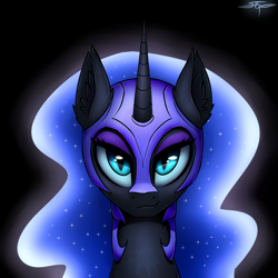 Size: 3000x3000 | Tagged: safe, artist:setharu, character:nightmare moon, character:princess luna, species:alicorn, species:pony, bust, ear fluff, fangs, female, helmet, lidded eyes, looking at you, mare, signature, smiling, smirk, solo