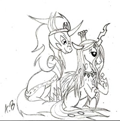 Size: 892x896 | Tagged: safe, artist:rossmaniteanzu, character:king sombra, character:queen chrysalis, ship:chrysombra, female, male, shipping, straight, traditional art
