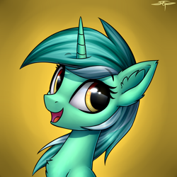 Size: 3000x3000 | Tagged: safe, artist:setharu, character:lyra heartstrings, species:pony, species:unicorn, bust, chest fluff, ear fluff, eyebrows, female, gradient background, mare, open mouth, portrait, signature, smiling, solo