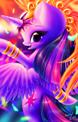 Size: 2000x3108 | Tagged: safe, artist:katputze, character:twilight sparkle, character:twilight sparkle (alicorn), species:alicorn, species:pony, bipedal, dancing, female, headdress, jewelry, large ears, looking at you, looking back, looking back at you, rear view, rio carnival, signature, smiling, solo