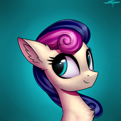 Size: 3000x3000 | Tagged: safe, artist:setharu, character:bon bon, character:sweetie drops, species:earth pony, species:pony, bust, chest fluff, ear fluff, female, gradient background, looking back, mare, portrait, smiling, solo