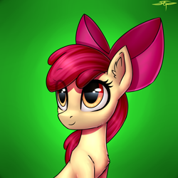 Size: 3000x3000 | Tagged: safe, artist:setharu, character:apple bloom, species:earth pony, species:pony, adorabloom, bow, bust, chest fluff, cute, ear fluff, eye reflection, female, filly, hair bow, looking up, reflection, signature, smiling, solo
