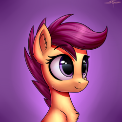 Size: 3000x3000 | Tagged: safe, artist:setharu, character:scootaloo, species:pegasus, species:pony, bust, chest fluff, cute, cutealoo, ear fluff, eye reflection, female, filly, looking up, reflection, shoulder fluff, signature, smiling, solo