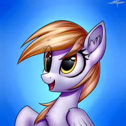 Size: 3000x3000 | Tagged: safe, artist:setharu, character:derpy hooves, species:pegasus, species:pony, bust, chest fluff, cute, derpabetes, ear fluff, female, gradient background, mare, open mouth, raised hoof, signature, smiling, solo