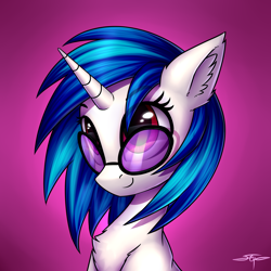 Size: 3000x3000 | Tagged: safe, artist:setharu, character:dj pon-3, character:vinyl scratch, species:pony, species:unicorn, bust, chest fluff, cute, ear fluff, eye reflection, female, looking up, mare, portrait, reflection, shoulder fluff, signature, smiling, solo, sunglasses, vinylbetes