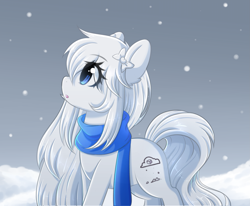 Size: 2839x2344 | Tagged: safe, artist:fluffymaiden, oc, oc only, oc:sugar puff, species:earth pony, species:pony, clothing, cute, female, gift art, looking up, mare, ocbetes, scarf, snow, snowfall, solo