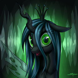 Size: 3000x3000 | Tagged: safe, artist:setharu, character:queen chrysalis, species:changeling, bust, cave, cavern, changeling queen, crown, cute, cutealis, fangs, female, floppy ears, jewelry, looking at you, open mouth, portrait, regalia, signature, slit eyes, smiling, solo
