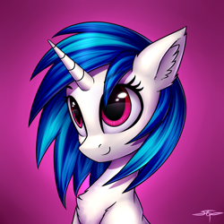 Size: 3000x3000 | Tagged: safe, alternate version, artist:setharu, character:dj pon-3, character:vinyl scratch, species:pony, species:unicorn, bust, chest fluff, cute, ear fluff, eye reflection, female, looking up, mare, portrait, reflection, shoulder fluff, signature, smiling, solo, vinylbetes