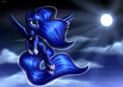 Size: 1920x1357 | Tagged: safe, artist:setharu, character:princess luna, species:alicorn, species:pony, cloud, commission, ear fluff, eye reflection, female, flying, full moon, jewelry, mare, moon, night, night sky, reflection, regalia, signature, sky, solo, spread wings, stars, wings