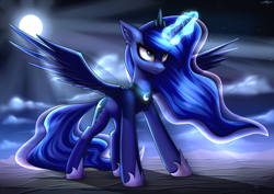 Size: 4000x2828 | Tagged: safe, artist:setharu, character:princess luna, species:alicorn, species:pony, angry, badass, cloud, ear fluff, female, full moon, glowing horn, jewelry, mare, moon, night, regalia, serious, serious face, signature, sky, solo, spread wings, standing, stars, wings