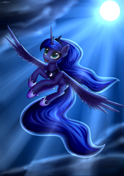 Size: 4786x6768 | Tagged: safe, artist:setharu, character:princess luna, species:alicorn, species:pony, absurd resolution, beautiful, cloud, commission, cute, ear fluff, female, flying, full moon, jewelry, looking up, lunabetes, mare, moon, night, regalia, signature, sky, smiling, solo, stars, sweet dreams fuel