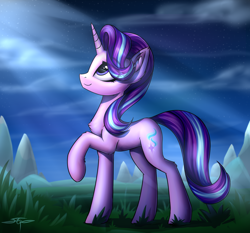 Size: 1920x1792 | Tagged: safe, artist:setharu, character:starlight glimmer, species:pony, species:unicorn, chest fluff, cloud, cute, cutie mark, ear fluff, female, glimmerbetes, grass, grass field, horn, lidded eyes, looking up, mare, mountain, night, raised hoof, scenery, signature, sky, smiling, solo, stars