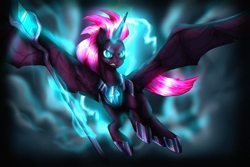 Size: 2785x1855 | Tagged: safe, artist:not-ordinary-pony, character:tempest shadow, species:alicorn, species:pony, my little pony: the movie (2017), alicornified, art, bat wings, female, flying, hybrid wings, mare, race swap, scepter, solo, staff, staff of sacanas, tempest gets her horn back, tempesticorn, xk-class end-of-the-world scenario