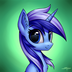 Size: 3000x3000 | Tagged: safe, artist:setharu, character:minuette, species:pony, species:unicorn, bust, chest fluff, ear fluff, eye reflection, female, gradient background, looking at you, mare, portrait, reflection, signature, smiling, solo