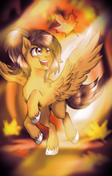 Size: 635x1000 | Tagged: safe, artist:not-ordinary-pony, oc, oc only, species:pegasus, species:pony, g4, art trade, autumn, colored hooves, cute, female, hooves, leaf, mare, ocbetes, open mouth, open smile, smiling, solo, spread wings, unshorn fetlocks, wings