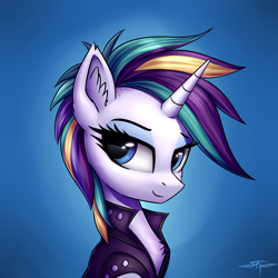 Size: 3000x3000 | Tagged: safe, artist:setharu, character:rarity, species:pony, species:unicorn, episode:it isn't the mane thing about you, g4, my little pony: friendship is magic, alternate hairstyle, bust, chest fluff, clothing, cute, ear fluff, eyeshadow, female, lidded eyes, makeup, mare, multicolored hair, portrait, punk, punkity, raribetes, signature, smiling, solo