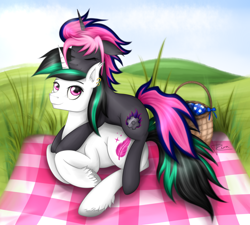 Size: 2000x1800 | Tagged: safe, artist:renaphin, oc, oc only, oc:harmony strips, oc:sil feather, basket, cuddling, eyes closed, nature, picnic, picnic basket, picnic blanket, scenery