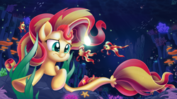 Size: 3840x2160 | Tagged: safe, artist:pirill, character:derpy hooves, character:sunset shimmer, species:pony, species:seapony (g4), episode:pet project, eqg summertime shorts, g4, my little pony: equestria girls, my little pony: the movie (2017), angler fish, confused, cute, dopefish, eye contact, female, fish, frown, glare, grumpy, looking at each other, mare, movie accurate, not fiery shimmer, raised eyebrow, seaponified, seapony sunset, solo, species swap, sunset fish, sunset shimmer day, surrounded, tropical fish, underhoof, underwater, worried