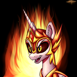 Size: 3000x3000 | Tagged: safe, artist:setharu, character:daybreaker, character:princess celestia, species:alicorn, species:pony, armor, bust, ear fluff, fangs, female, fire, folded wings, mane of fire, mare, portrait, signature, smiling, solo