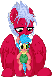 Size: 1327x1935 | Tagged: safe, artist:kellythedrawinguni, oc, oc only, oc:melon frost, oc:pink licorice, parent:oc:creamy pinch, parent:oc:melon frost, parents:oc x oc, species:pegasus, species:pony, baby carrier, baby harness, butterfly, ear piercing, earring, female, foal, freckles, jewelry, mare, mother and daughter, offspring, piercing, simple background, smiling, snake bites, transparent background