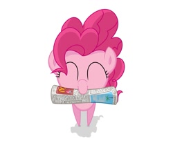 Size: 941x768 | Tagged: safe, artist:frankier77, character:pinkie pie, species:earth pony, species:pony, behaving like a dog, eyes closed, female, mare, mouth hold, newspaper, pov, smiling, solo