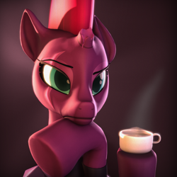 Size: 2160x2160 | Tagged: safe, artist:imafutureguitarhero, character:tempest shadow, species:pony, species:unicorn, my little pony: the movie (2017), 3d, anatomically incorrect, broken horn, clothing, coffee, cup, eye scar, female, free form jazz, hoof hold, meme, rage face, raised eyebrow, scar, simple background, solo, source filmmaker, steam, thinking