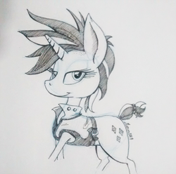 Size: 700x693 | Tagged: safe, artist:darkhestur, character:rarity, alternate hairstyle, female, looking at you, monochrome, punk, punkity, solo, traditional art