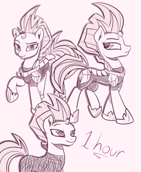 Size: 2300x2800 | Tagged: safe, artist:eifiechan, character:tempest shadow, species:pony, species:unicorn, my little pony: the movie (2017), armor, broken horn, eye scar, female, looking at you, mare, monochrome, raised hoof, scar, sketch, smiling, solo