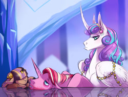 Size: 1024x774 | Tagged: safe, artist:vindhov, character:princess flurry heart, oc, oc:love letter, oc:riposte, parent:prince rutherford, parent:princess cadance, parent:shining armor, parent:twilight sparkle, parents:shiningcadance, parents:twiford, species:alicorn, species:pony, species:unicorn, species:yak, brother and sister, cousins, female, filly, five o'clock shadow, hybrid, interspecies offspring, male, mare, next generation, offspring, older, older flurry heart, stallion, story included, yakony