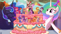 Size: 3840x2160 | Tagged: safe, artist:pirill, character:apple bloom, character:applejack, character:derpy hooves, character:fluttershy, character:pinkie pie, character:princess celestia, character:princess luna, character:rainbow dash, character:rarity, character:scootaloo, character:spike, character:starlight glimmer, character:sunset shimmer, character:sweetie belle, character:trixie, character:twilight sparkle, character:twilight sparkle (alicorn), oc, oc:fausticorn, species:alicorn, species:dragon, species:earth pony, species:pegasus, species:pony, species:unicorn, anniversary, blep, cake, cape, clothing, constellation, cute, cutie mark crusaders, decoration, derpabetes, ethereal mane, eyes closed, faustabetes, featured on derpibooru, female, figurine, food, frosting, galaxy mane, grin, happy birthday mlp:fim, hat, hoof shoes, horn, male, mane seven, mane six, mare, mlp fim's seventh anniversary, party hat, party horn, royal sisters, shyabetes, silly, smiling, spikabetes, spikelove, spread wings, sweet dreams fuel, tongue out, trixie's cape, trixie's hat, twiabetes, wall of tags, wings