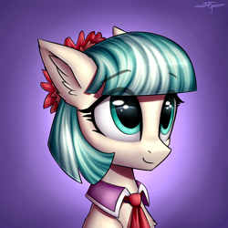 Size: 3000x3000 | Tagged: safe, artist:setharu, character:coco pommel, species:earth pony, species:pony, bust, chest fluff, clothing, cocobetes, cute, ear fluff, eyebrows, female, looking up, mare, necktie, portrait, signature, smiling, solo, three quarter view