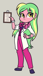 Size: 1028x1800 | Tagged: safe, artist:khuzang, character:lemon zest, my little pony:equestria girls, clipboard, clothing, female, hand on hip, headphones, lab coat, pants, solo