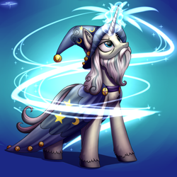 Size: 4000x4000 | Tagged: safe, artist:setharu, character:star swirl the bearded, species:pony, species:unicorn, episode:shadow play, g4, my little pony: friendship is magic, absurd resolution, bags under eyes, beard, cape, clothing, facial hair, frown, glowing horn, hat, magic, male, signature, solo, stallion, standing, wizard, wizard hat