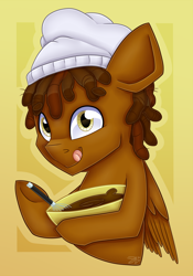 Size: 2804x4000 | Tagged: safe, artist:partylikeanartist, patreon reward, oc, oc only, oc:cocoa drizzle, species:pegasus, species:pony, batter, bowl, bust, cake batter, chef, chef's hat, chocolate, clothing, cooking, dreadlocks, food, hat, licking, licking lips, looking at you, patreon, portrait, simple background, solo, tongue out, whisk
