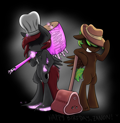 Size: 2000x2050 | Tagged: safe, artist:midnightpremiere, oc, oc only, oc:midnight premier, oc:zanon, bipedal, blank flank, chest fluff, clothing, glowing hooves, hammer, hat, smiling