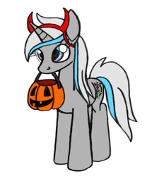 Size: 567x683 | Tagged: safe, artist:dsb71013, edit, oc, oc only, species:pony, species:unicorn, devil horns, female, halloween, holiday, mouth hold, pumpkin bucket, simple background, white background