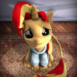Size: 5400x5400 | Tagged: safe, artist:imafutureguitarhero, part of a set, character:sunset shimmer, species:pony, species:sphinx, species:unicorn, 3d, absurd resolution, adidas, badumsquish's kitties, carpet, cheek fluff, chest fluff, clothing, cute, female, hair, hnnng, hoodie, horn, lidded eyes, looking at you, looking down, looking up, messy hair, messy mane, messy tail, nose wrinkle, paws, piercing, sad, sadorable, shimmerbetes, signature, sitting, solo, source filmmaker, species swap, sphinxified, studs, top down, tracksuit, watch, wooden floor