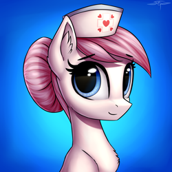 Size: 3000x3000 | Tagged: safe, artist:setharu, character:nurse redheart, species:earth pony, species:pony, bust, chest fluff, clothing, cute, ear fluff, eyebrows, female, hair bun, hat, heartabetes, looking at you, mare, nurse hat, portrait, signature, smiling, solo
