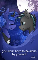 Size: 1024x1628 | Tagged: safe, artist:midnightpremiere, character:princess luna, oc, oc:star shadow, species:pony, canon x oc, commission, crying, eyes closed, female, male, mare, mare in the moon, moon, smiling, stallion, straight