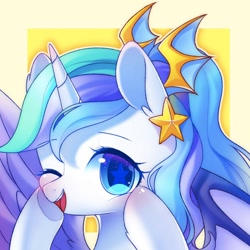 Size: 1500x1500 | Tagged: safe, artist:leafywind, oc, oc only, species:alicorn, species:pony, abstract background, alicorn oc, female, hair ornament, mare, one eye closed, solo, starry eyes, wingding eyes