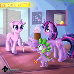 Size: 3000x3000 | Tagged: safe, artist:eifiechan, character:spike, character:starlight glimmer, character:twilight sparkle, character:twilight sparkle (alicorn), species:alicorn, species:dragon, species:pony, species:unicorn, bald, bandaid, bittersweet, blushing, cancer (disease), chemotherapy, crutches, crying, hospital, looking at each other, missing cutie mark, sad, spread wings, teary eyes, wings