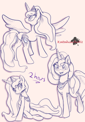 Size: 2100x3000 | Tagged: safe, artist:eifiechan, character:princess luna, species:alicorn, species:pony, bedroom eyes, female, happy, jewelry, lying down, mare, monochrome, open mouth, rear view, sketch, smiling, solo, spread wings, traditional art, wings