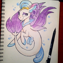 Size: 593x593 | Tagged: safe, artist:partylikeanartist, character:queen novo, species:seapony (g4), my little pony: the movie (2017), binder, book, bubble, crown, drawing, eyeshadow, felt tip, female, flippers, instagram, jewelry, lineart, looking away, makeup, photo, queen, raised eyebrow, regalia, sassy, smiling, smirk, solo, traditional art, underwater