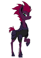 Size: 595x842 | Tagged: safe, artist:darkhestur, character:tempest shadow, species:pony, species:unicorn, my little pony: the movie (2017), armor, broken horn, clothing, eye scar, female, flat colors, looking at you, scar, simple background, solo