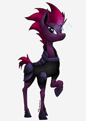 Size: 905x1280 | Tagged: safe, artist:darkhestur, character:tempest shadow, species:pony, species:unicorn, my little pony: the movie (2017), armor, broken horn, clothing, energy, eye scar, female, gray background, horn, looking at you, scar, simple background, solo, sparking horn
