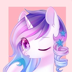 Size: 1500x1500 | Tagged: safe, artist:leafywind, oc, oc only, oc:white frost, species:pony, species:unicorn, abstract background, female, mare, one eye closed, solo, starry eyes, wingding eyes, yawn