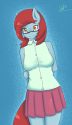 Size: 2301x3997 | Tagged: safe, artist:wolfy-pony, oc, oc only, species:anthro, arm behind back, clothing, female, glasses, looking at you, sleeveless, smiling, solo