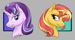 Size: 1528x816 | Tagged: safe, artist:mythpony, character:starlight glimmer, character:sunset shimmer, species:pony, back to back, bust, portrait